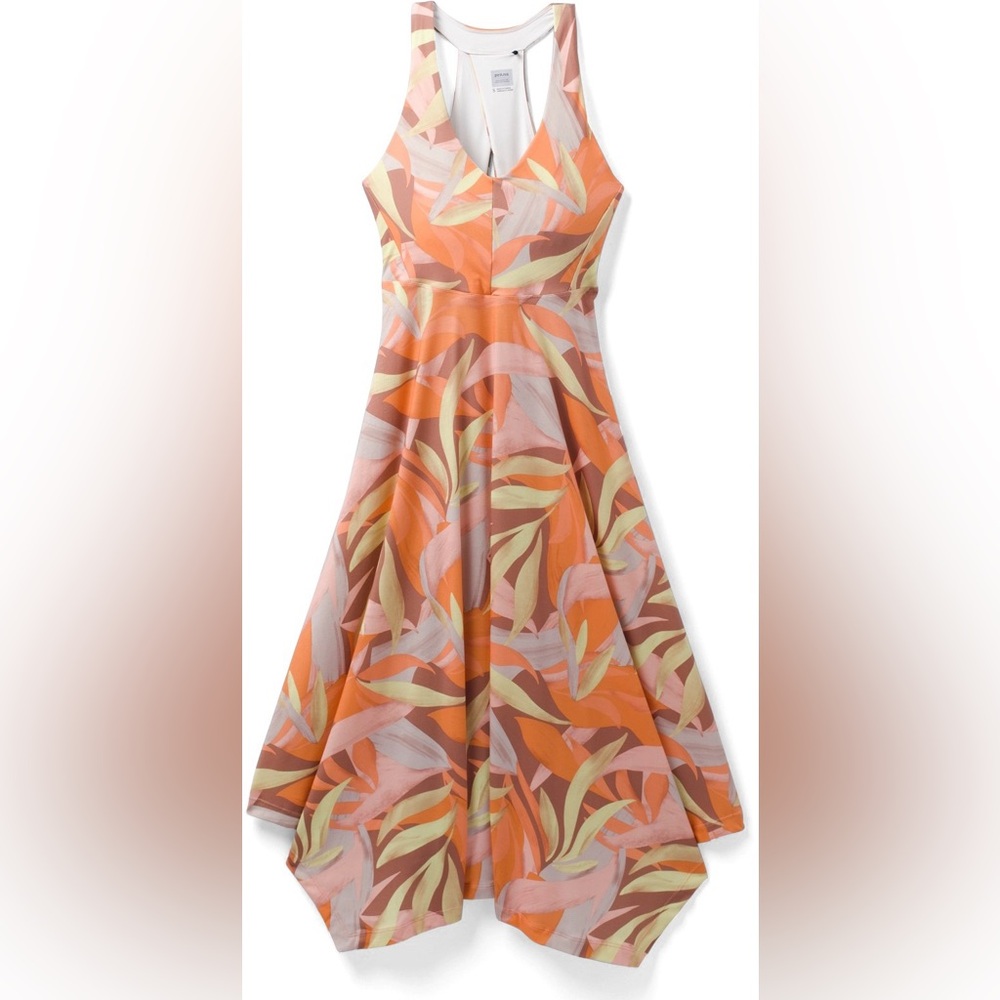 PRANA Saxon Dress Solstice Tropics, Women’s XS; Orange/Tan/Yellow asymmetrical